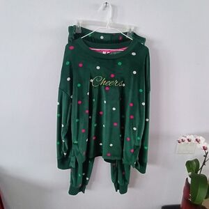 Joyspun Cheers Christmas Pajama Set Green Polka Dot Lounge Sleepwear L